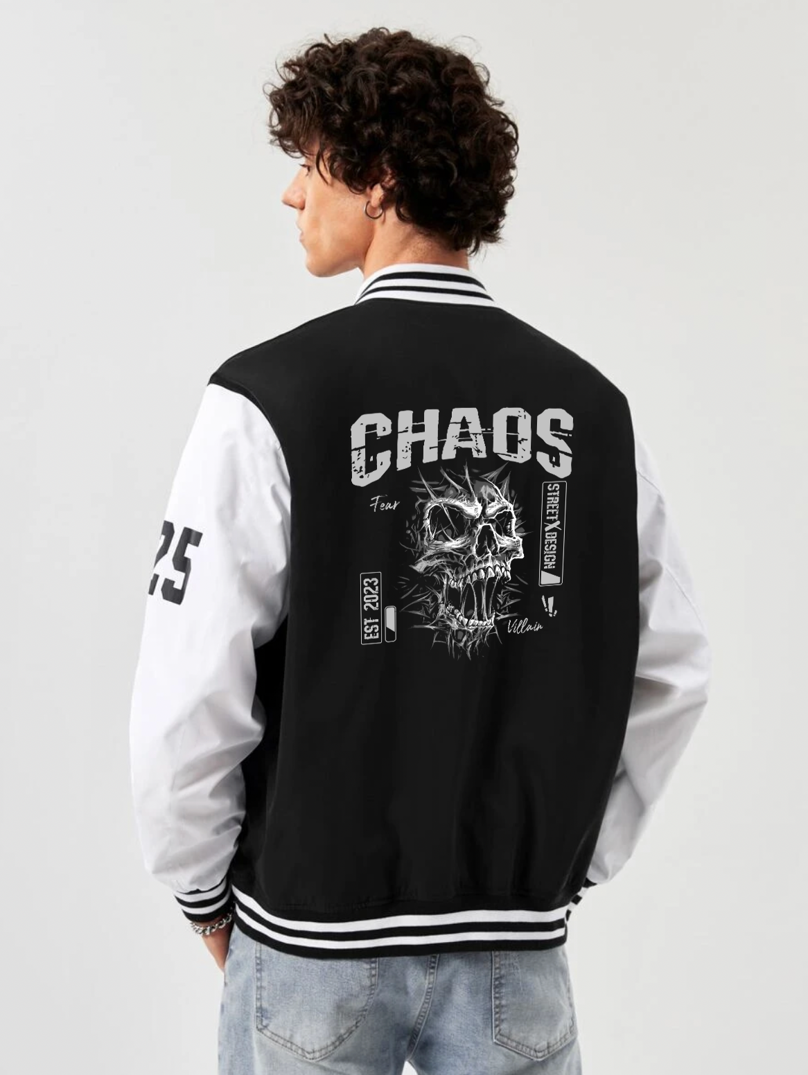 Alfaq Chaos black and white color Varsity Jacket
