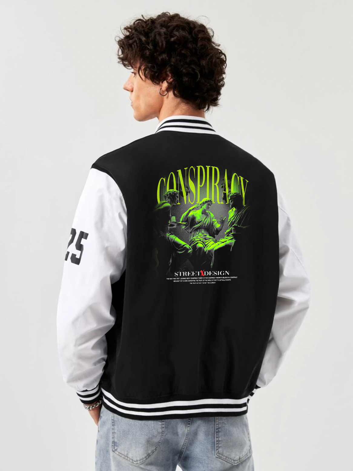 Alfaq Conspiracy black and white color Varsity Jacket