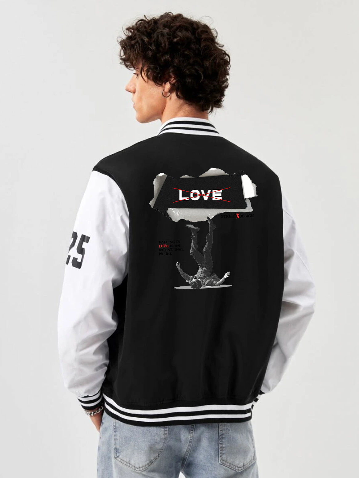 Alfaq Falling love print black and white color  varsity jacket