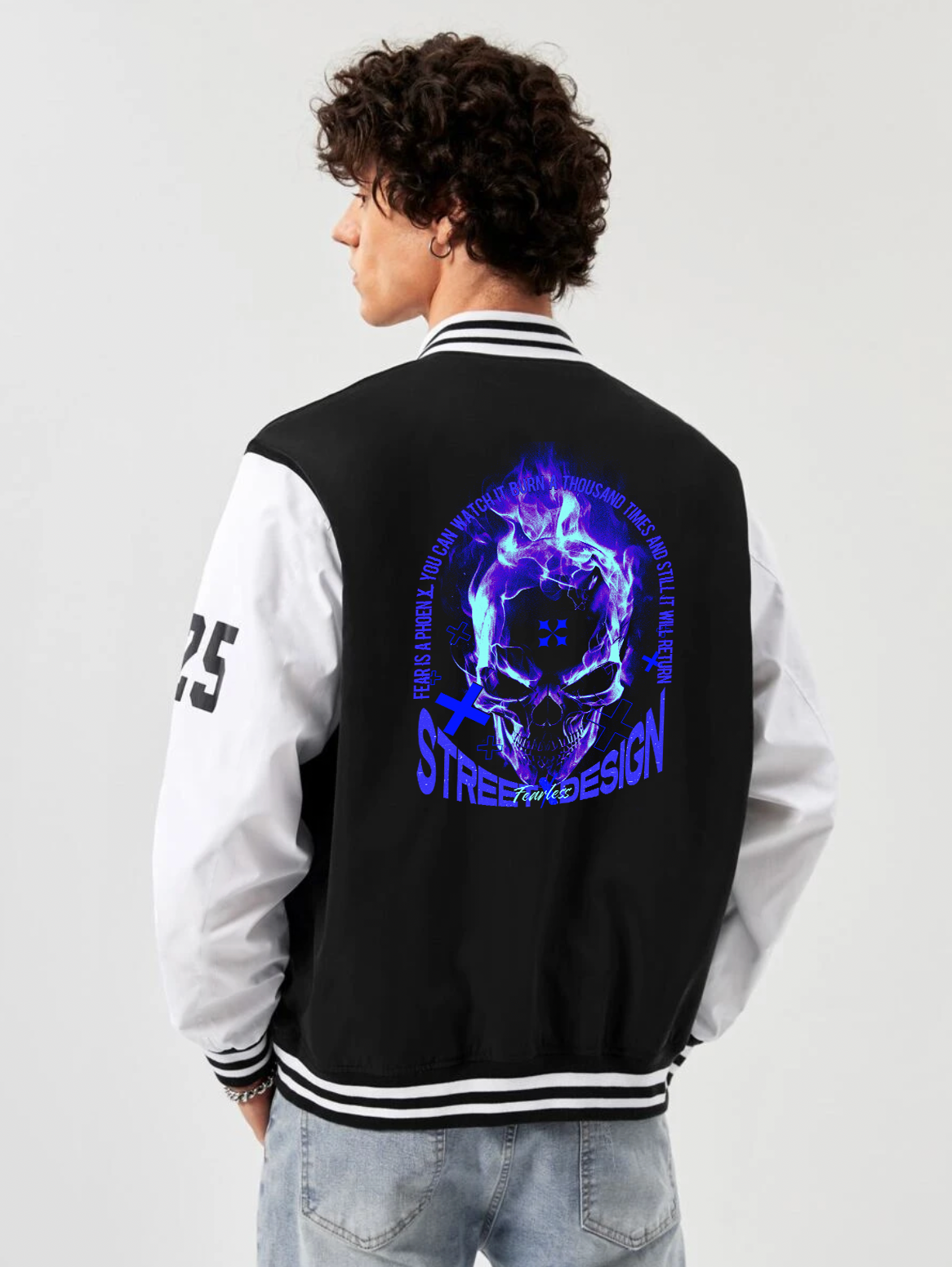 Alfaq Fearless print black and white color varsity jacket