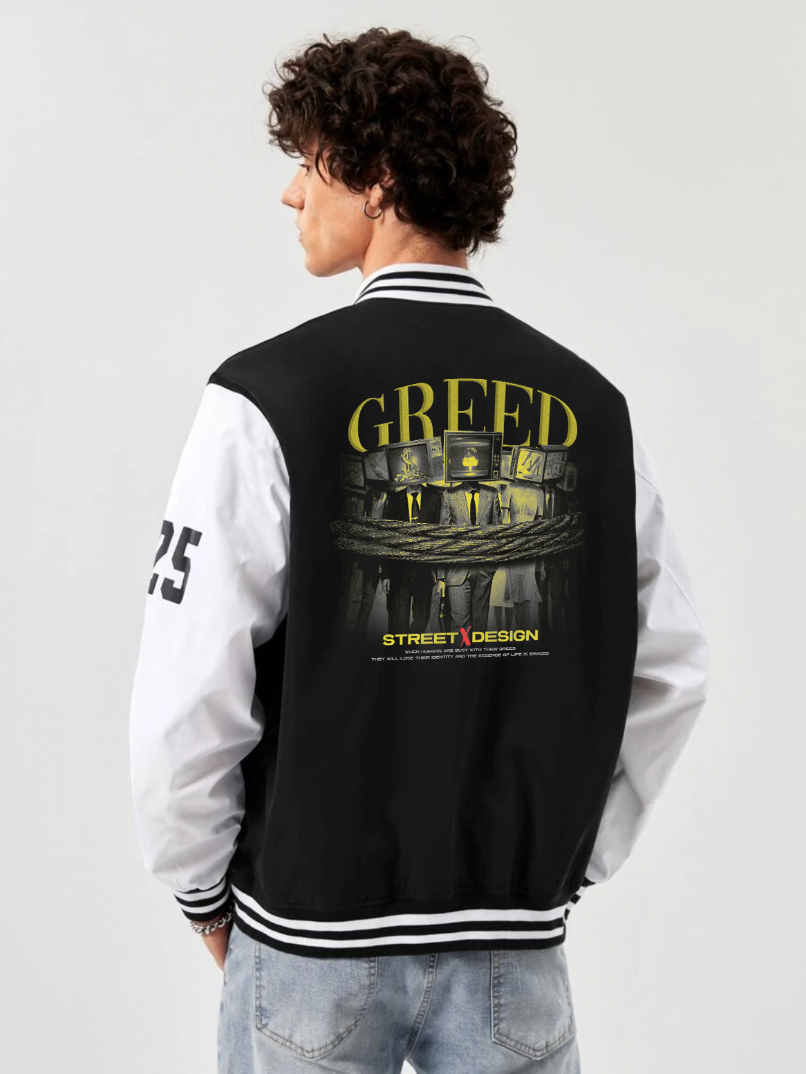 Alfaq Greed print black and white color  varsity jacket