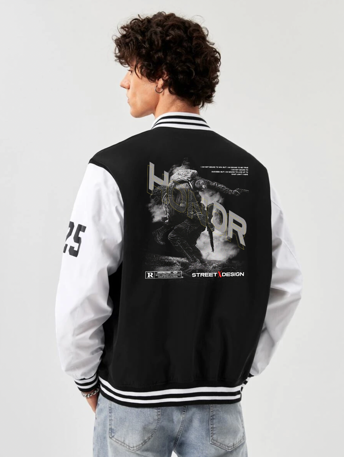 alfaq honor print black and white color varsity jacket 