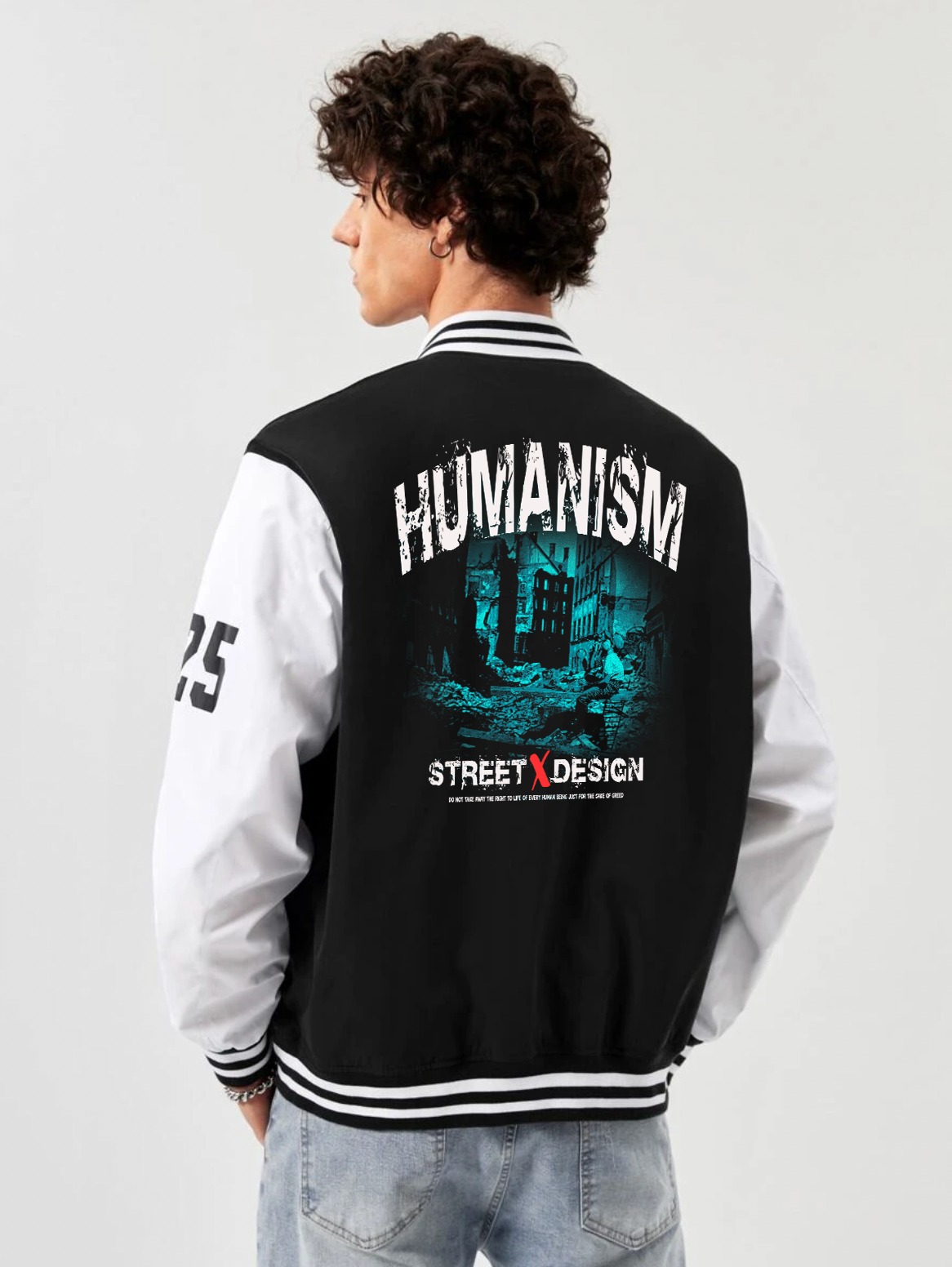 alfaq humanism print black and white color varsity jacket