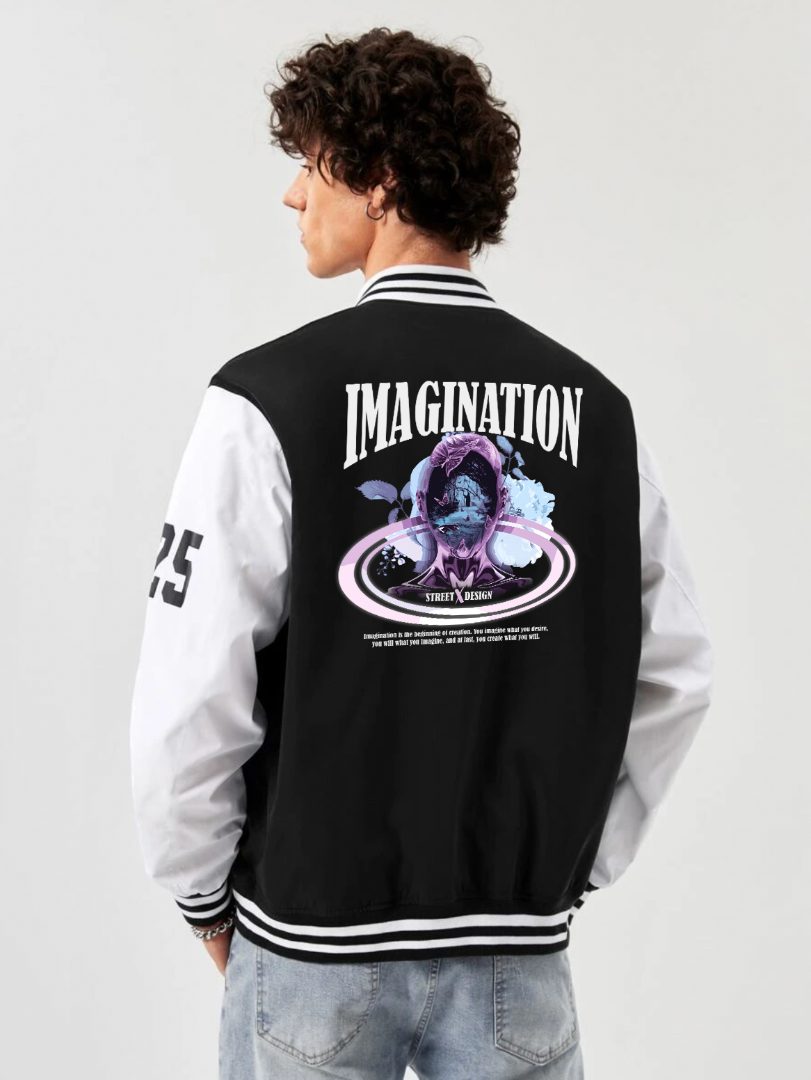 alfaq imagination print black and white color varsity jacket 