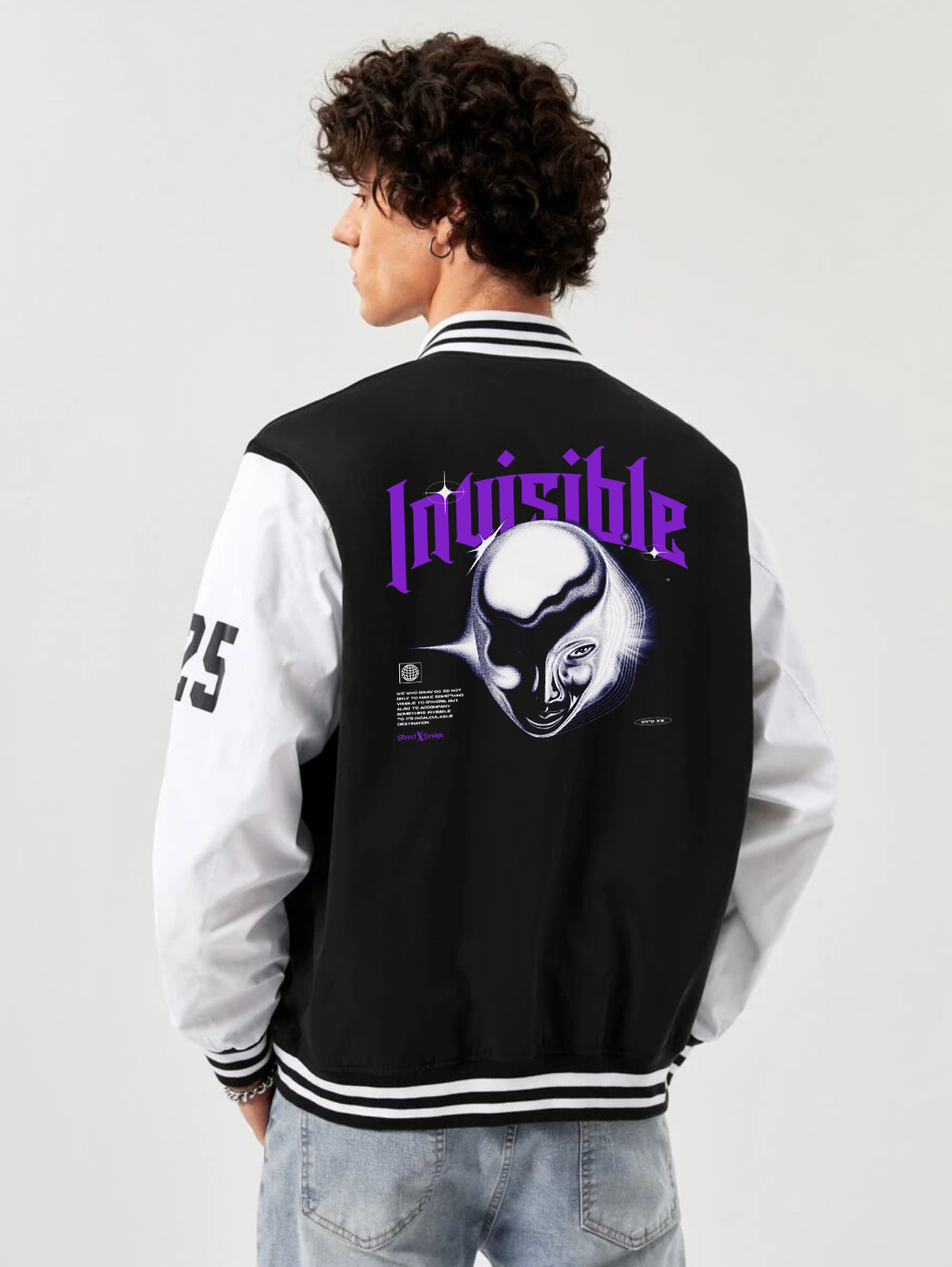 alfaq invisible print black and white color varsity jacket