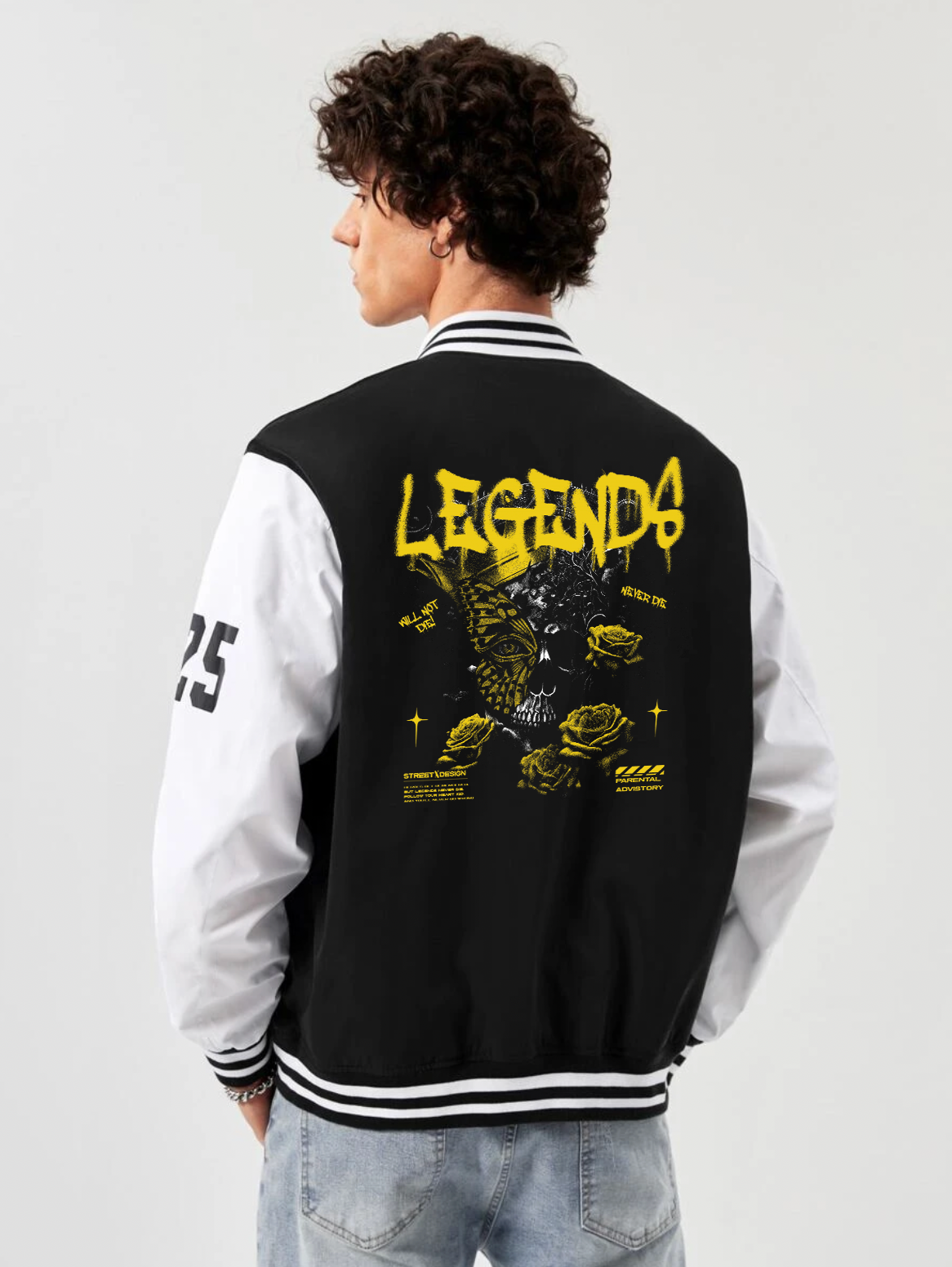 alfaq legends print black and white color varsity jacket