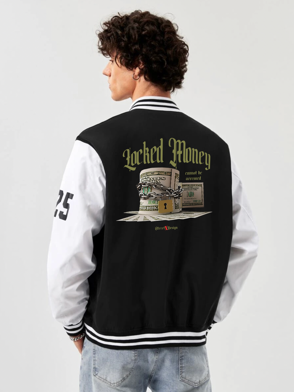 alfaq locked money print black and white color varsity jacket