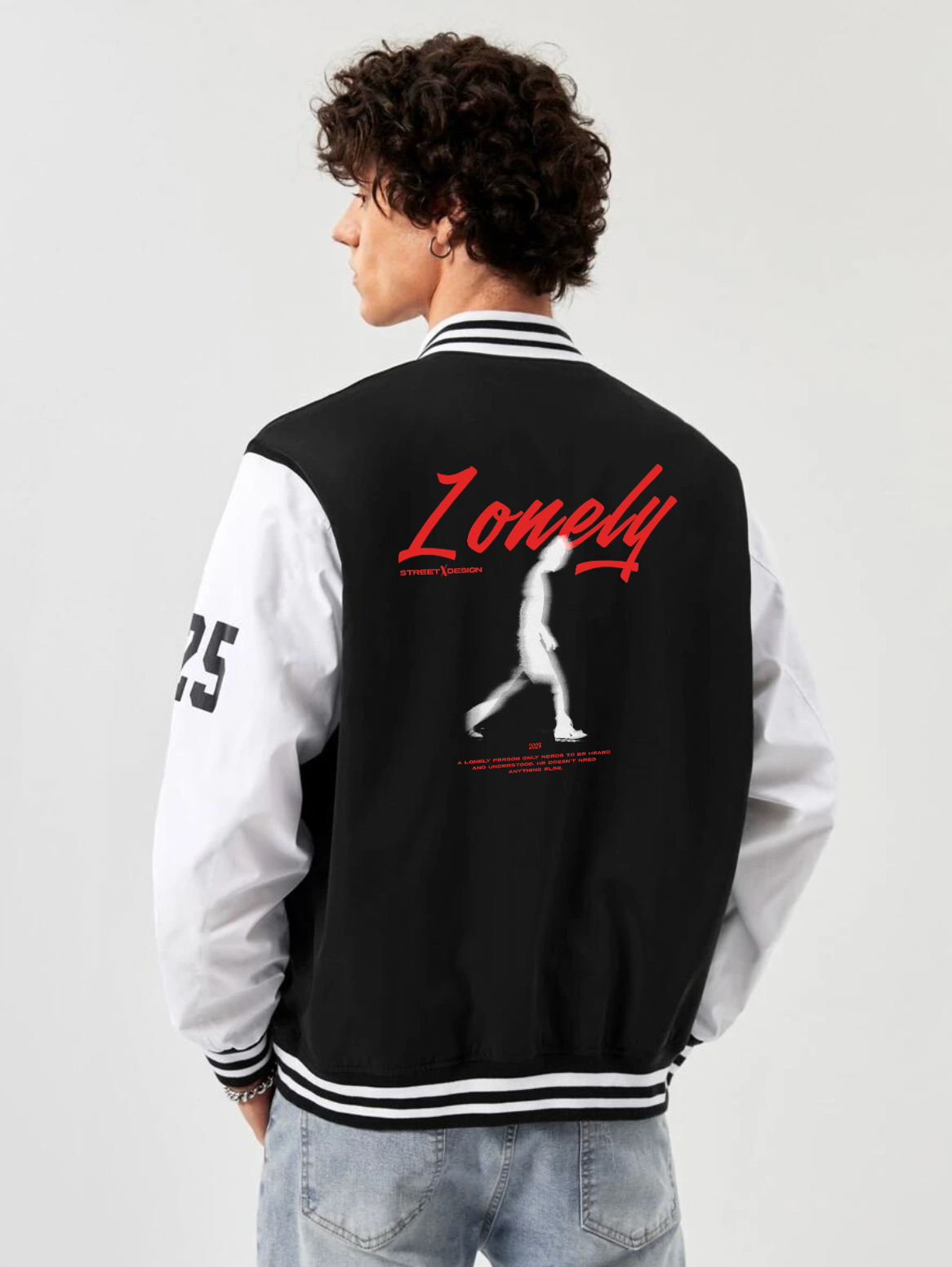 alfaq lonely print black and white color varsity jacket 