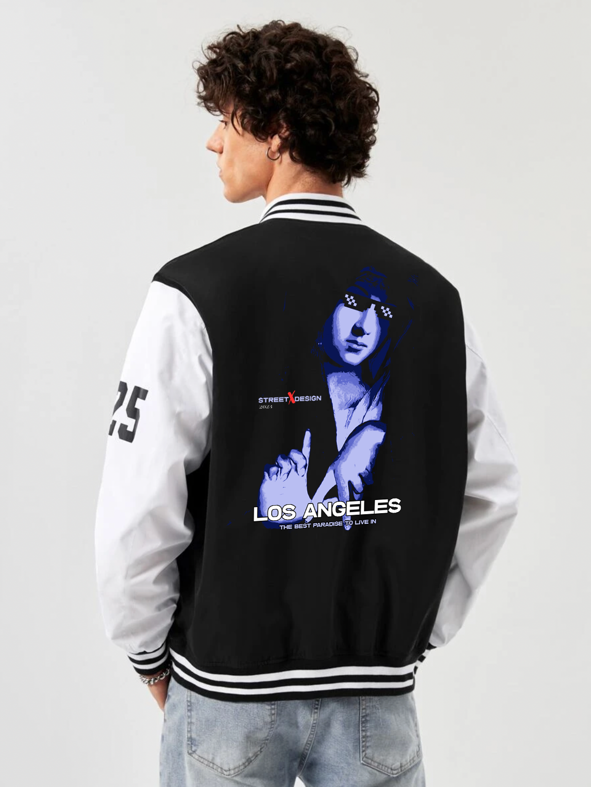 alfaq los angeles print black and white color varsity jacket 