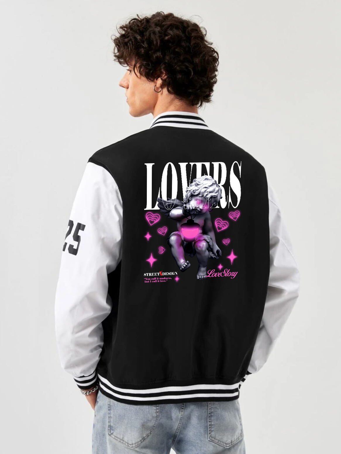 alfaq lovers print black and white color varsity jacket 