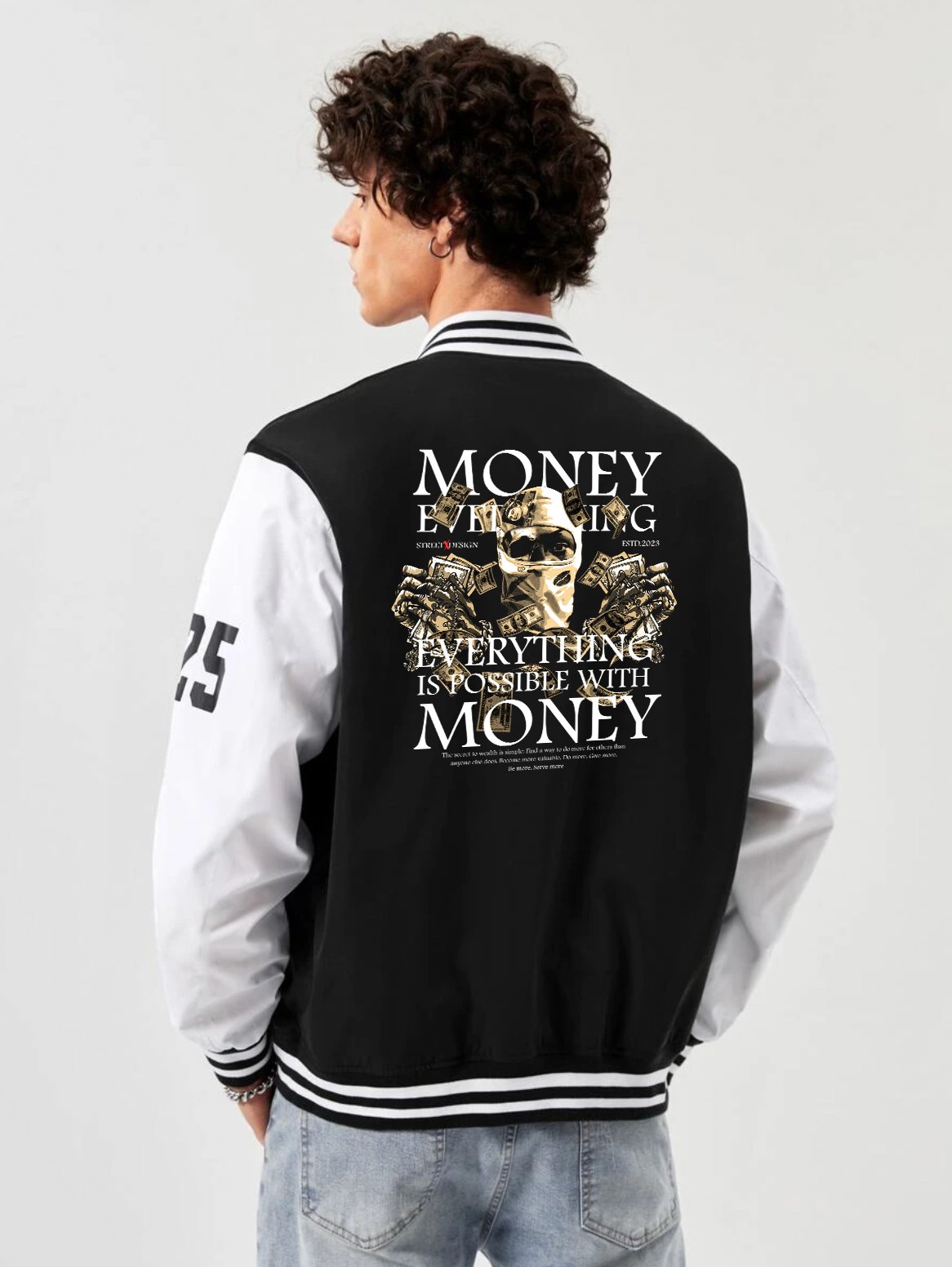 alfaq money print black and white color varsity jacket
