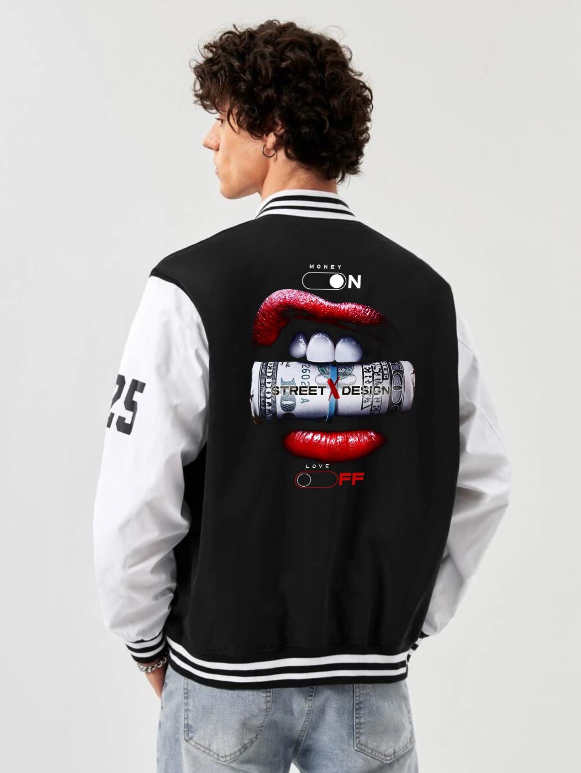alfaq money love print black and white color varsity jacket 