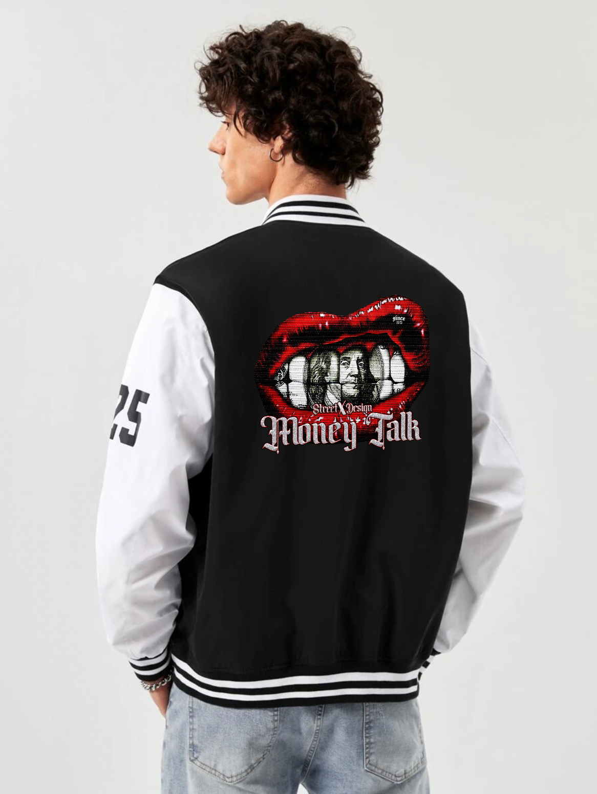 alfaq printed black and white color varsity jacket 
