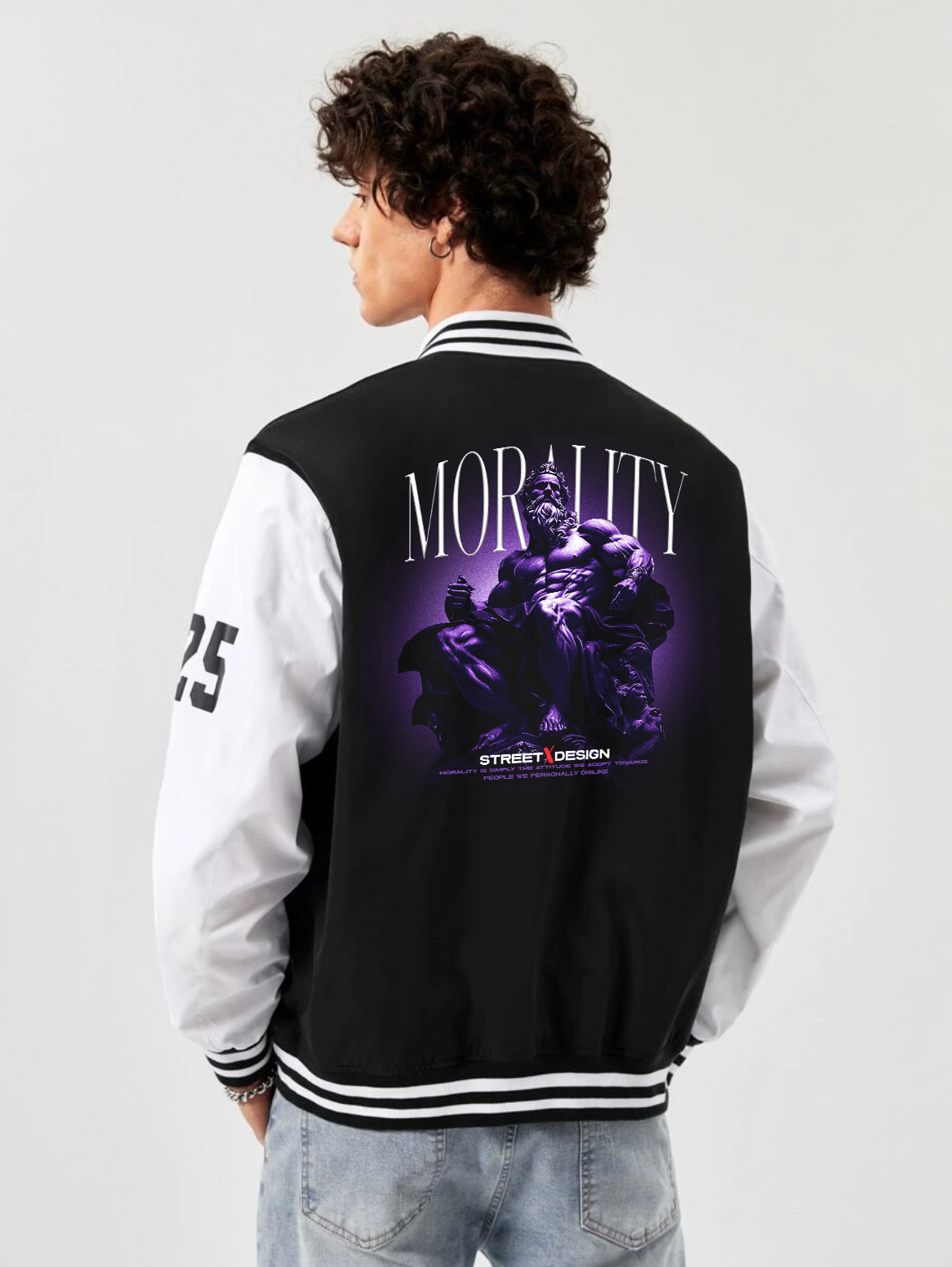 alfaq morality print black and white color varsity jacket 