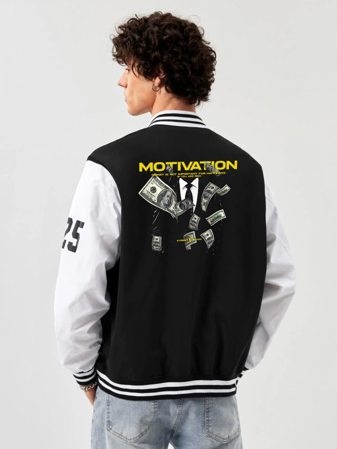 alfaq motivation print black and white color varsity jacket 