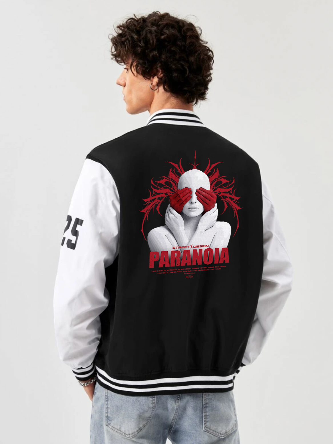 alfaq printed black and white color varsity jacket 