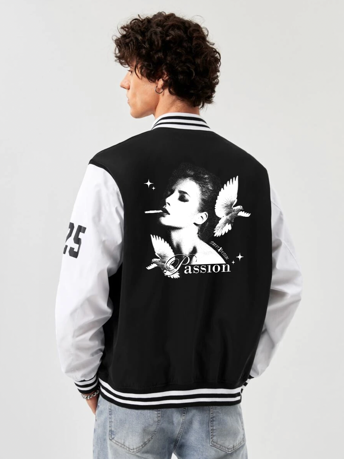 alfaq printed black and white color varsity jacket 
