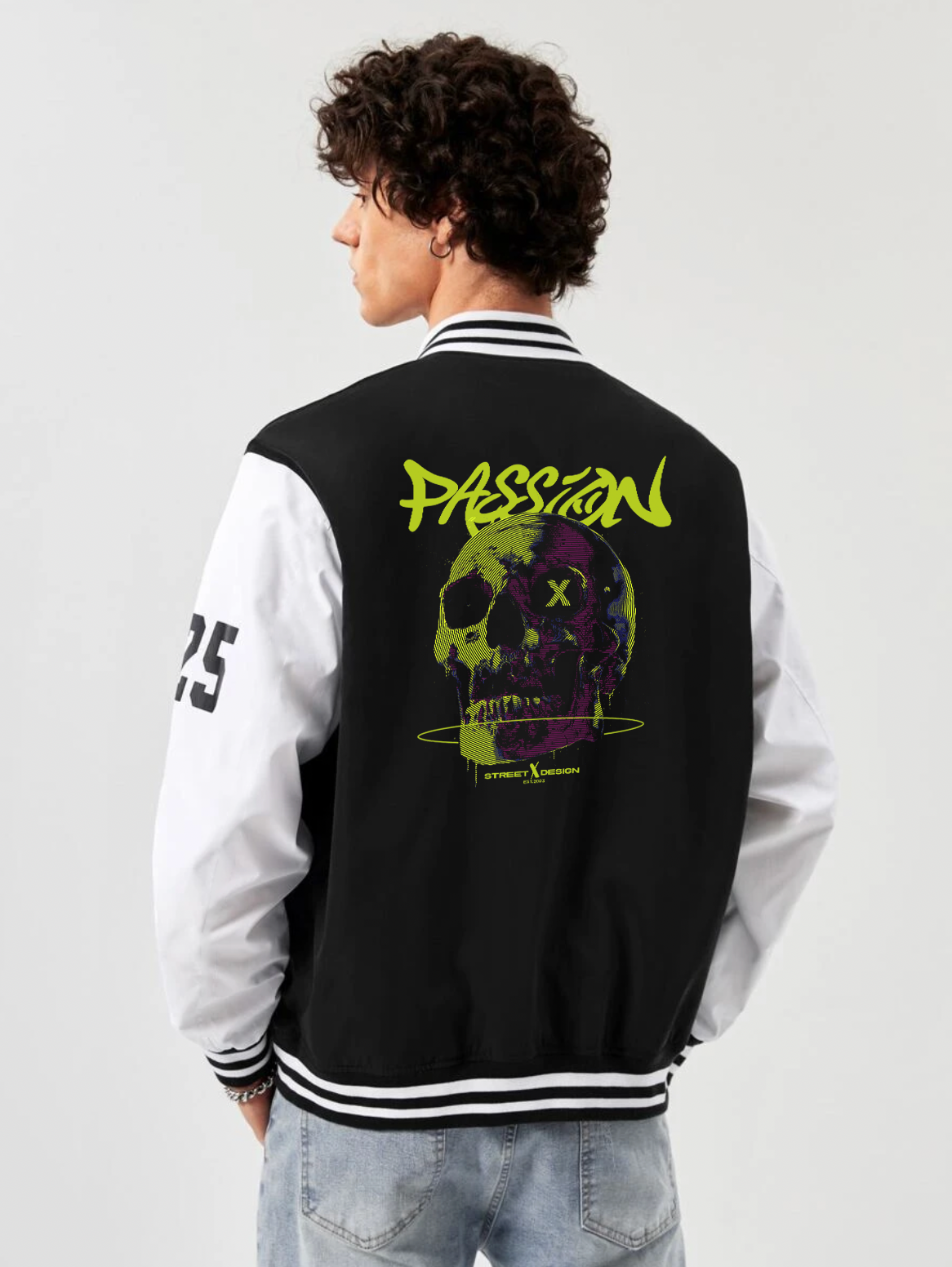 alfaq printed black and white color varsity jacket 