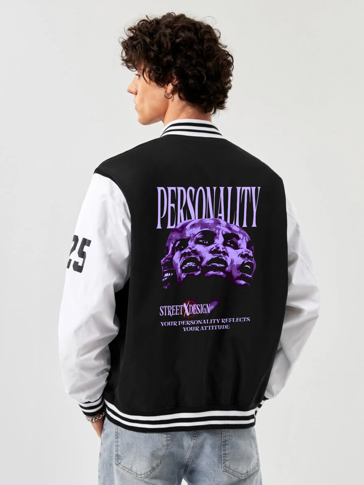 alfaq personality print black and white color varsity jacket 