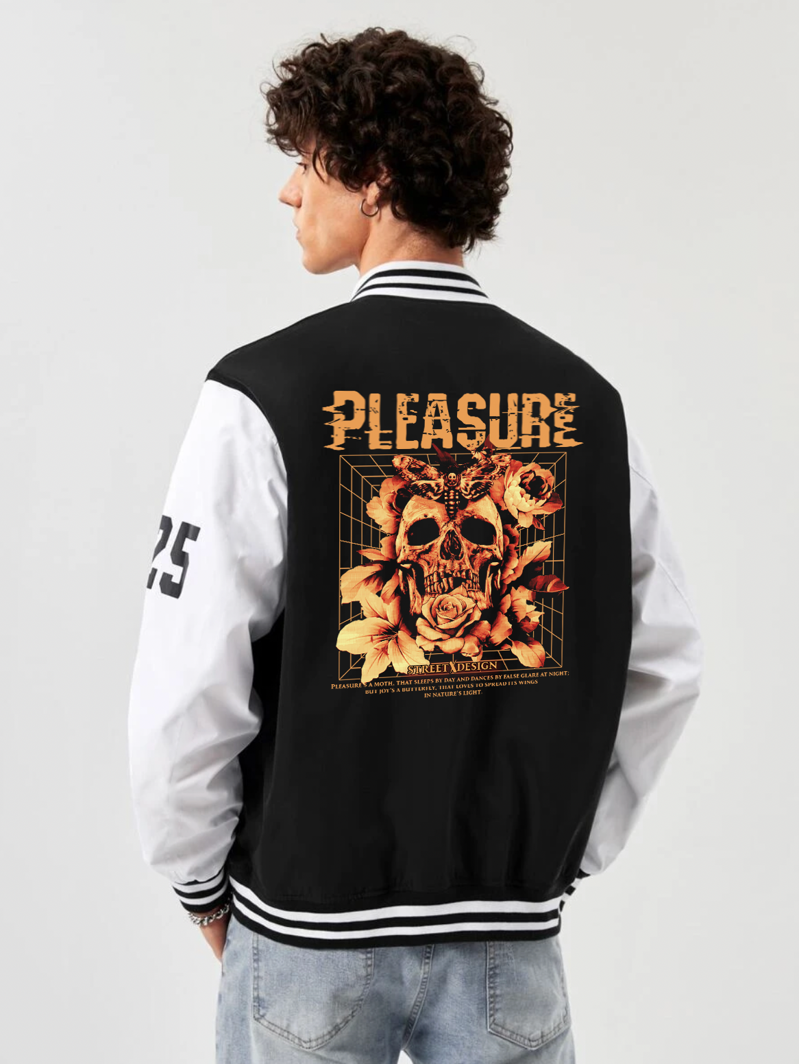 alfaq pleasure print white and black color varsity jacket
